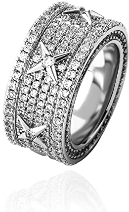 Verlobungsring für Männer und Frauen Hip Hop Iced Out Gold Plated Ring CZ Punky Rappers Ring für Party,Silber,8