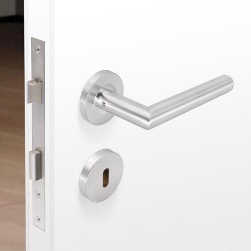 MARIE Türklinken Edelstahl mit Rosette Ø 53x9 mm, Türgriffe Innentüren mit Bohrschablone, Drückergarnitur, Türgriff Set für Türstärke 20 – 47 mm