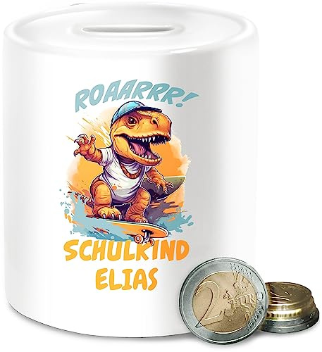 Spardose - Schulanfang & Einschulung Bedruckt - Schulkind Dino Dinosaurier Skateboard - Unisize - Weiß - personalisierte Geschenke schulanfänger Schule endlich spardosen 2023 schulkinder