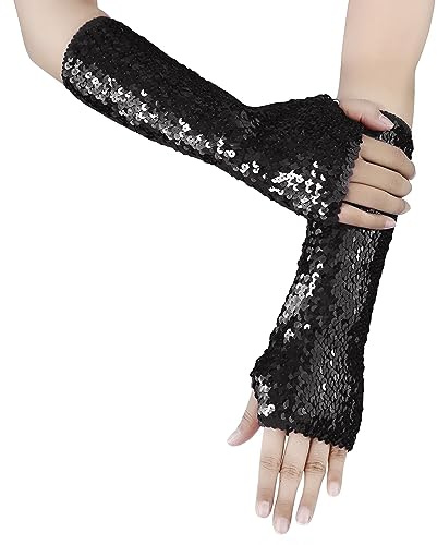 TINAYAUE Frauen Moden Pailletten-Handschuhe Weich Pailletten Manschetten vGlitzernde Fingerlose Handschuhe Elastizität Halbfingerhandschuhe mit Pailletten für Rollenspiele, Partei, Opernaufführung