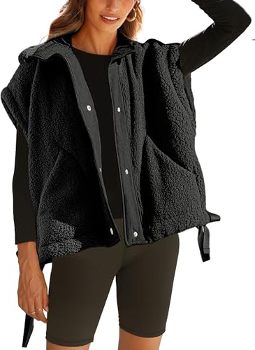 TAQCUX Sherpa Jacket for Women Casual Fleece Vest Oversized Sleeveless Outwear Warm Button Down Gilet with Pockets(Black-S)