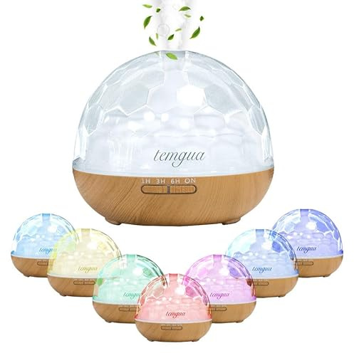 500ml Temgua essential oil diffuser with 1pure lavender oil, control remote 4 timer setting, auto shut-off, ultrasonic aromatherapy humidifier scented diffuser 2 mist time 7Colors change (Light wood)