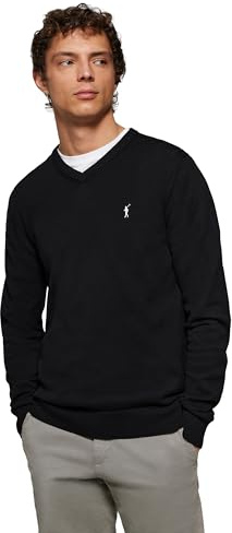 Polo Club Maglione Uomo Nero Collo V Manica Lunga - Maglioni 100% Cotone Logo Ricamato