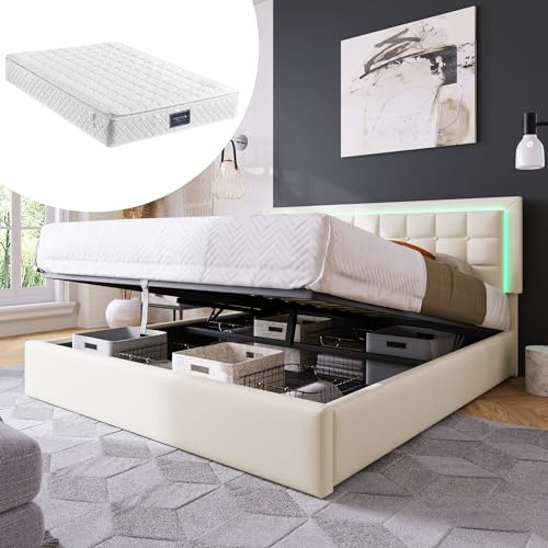 MQGPM Boxspringbett Doppelbett Polsterbett 140x200CM, Stauraumbett mit Lattenrost aus Metallrahmen, Hydraulische Bett mit Großer Stauraum & Funktionsbett Bezug aus Kunstleder Weiß (Mit Matratze)