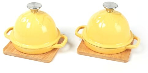 HAWOK Enameled Cast Iron Garlic Roaster with Bamboo Tray, 5-Inch, BBQ Grill Garlic Baker, Mini Cocotte, Set of 2, Yellow