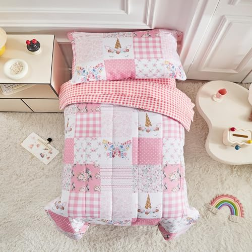 Joyreap 4 Piece Toddler Bedding Set for Girls- Pink Butterflies n Flowers Patchwork Toddler Comforter Set, Includes Quilted Comforter, Fitted Sheet, Top Sheet, and Pillow Case