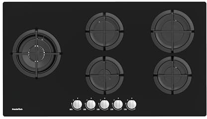 PremierTech Piano Cottura a Gas, 5 fuochi, 90 cm (87.8cm), Vetro Nero, Wok Supporti in Ghisa Professionali, predisposto Metano e kit ugelli GPL inclusi, Manopole in Alluminio, P590VL