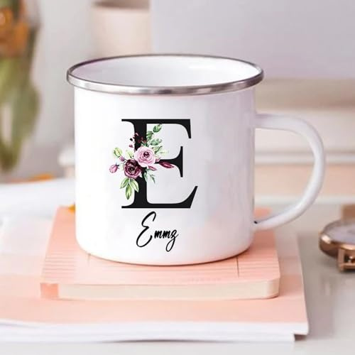 HDLOVE Tasse Florale Personnalisée Avec Prénom Et Initiale, Acier Émaillé 360mL Tasses À Thé, Café, Chocolat Chaud, Anniversaire, Noel, Cadeau Maitresse, Fête Des Mères, Départ Retraite