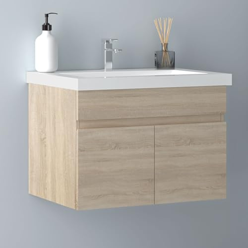Biubiubath Badezimmer Badmöbel 60cm Mineralguss Waschtisch mit Unterschrank Hängeschrank Eiche Matt Badezimmerschränke Badschrank mit 2 Soft-Close Türen
