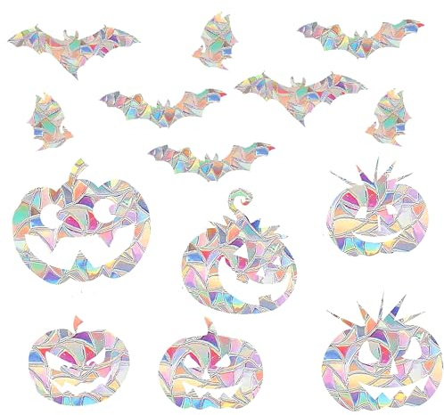 Vordpe 4 Bilder Aufkleber Vogelschutz Fenster, Suncatcher Sticker Selbstklebend, Regenbogen Fenster Sticker Folie Gegen Vogelschlag, Innendekoration (Fledermaus+Kürbis)