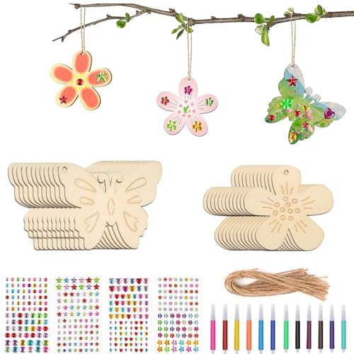 40 Stück Bastelset Kinder Schmetterling und Blume mit Aquarellstift, Schmetterling und Blumen aus Holz Bastelset mit Aquarellstift & Edelsteinaufkleber, DIY Bastelset Geburtstagsdeko für Kinder Mädche