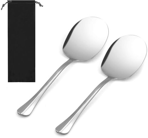 2 cucchiai da portata in acciaio inox con 1 borsa in flanella, posate da insalata con manici lunghi, cucchiai lucidati in acciaio inox, grandi posate da servizio, cucchiai per banchetti, buffet