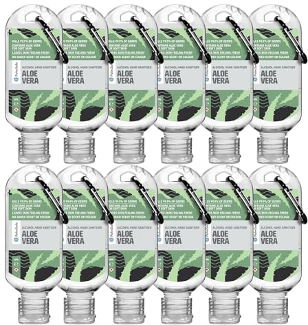 Palm Safe Aloe Vera 12 Pack 60ml Anti Bacterial Premium Hand Sanitiser Travel Size Refillable Clip Bottle Quick Drying Non Sticky Extra Moisturising Kills 99.9% of Viruses and Bacteria