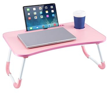 CROWNSHOP Laptop Table, 60 X 40 X 28cm Bed Table, Bed Desk Stand With Foldable Legs & Cup Slot Notebook Stand Computer Laptop Bed Table Laptops Tray For Sofa Bed, Pink (Pink)