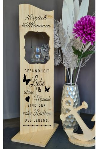 Holzaufsteller, Holz Deko Schild Holzschild Eingangsschild Gesundheit Liebe und schöne Momente mit Windlicht aus Glas, Geschenk, Weihnachten, Geburtstag