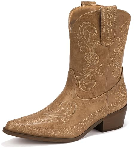 IDIFU Tan Cowboy Boots for Women Cowgirl Western Ankle Boots Embroidered Stitched Pointed Toe Short Low Chunky Heel Dress Boots Comfortable Country Cute Fashion Vintage Classic Booties(Tan, 11)