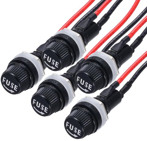QUARKZMAN 5Pcs Portafusibili a Pannello 5x20mm AC 250V 10A Portafusibili a Cappuccio a Vite con Fili Pre-Saldati, Porta Oblata
