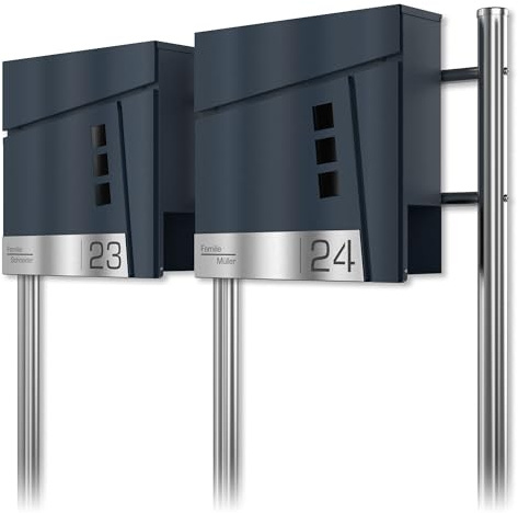 Buzón Doble autoportante con Base Antracita RAL 7016 - Letrero Grabado Personalizado en Acero Inoxidable - Buzón con Cerradura Compartimento para periódicos