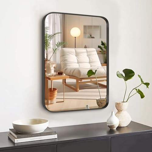 Umzodo 40,6 x 50,8 cm schwarzer rechteckiger Spiegel, gebürsteter Metallrahmen, Kosmetikspiegel für Badezimmer, Wohnzimmer, Schlafzimmer, Eingangsbereich, Flur, Wandmontage vertikal oder horizontal