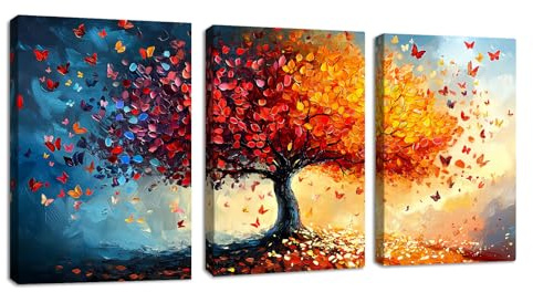 3Pcs Quadri Arancione rosso Albero della vita Stampa su Tela Con Cornice Quadro Astratto colorato Farfalle alberi pittura su tela poster da parete Decor Murale Soggiorno Camera da letto 30x40cmx3
