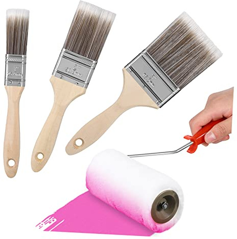 POPETPOP 1 Set Paint Brushes with Handles and Paint Roller Kit for Varnishes and Epoxy to Clean Lightweight for Walls and DIY Projects