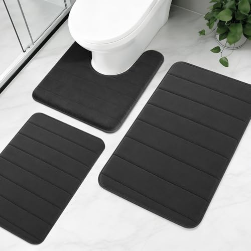 NAKIHOUSE 3 Piece Non-Slip Bath Mat Set, Luxury Thick Memory Foam Bathroom Rugs, Water Absorbent Soft Shower Mat Machine Washable Toilet Mat for Bathroom Floor, Black | Thick Memory Foam, Extra Soft, Machine Washable Black Floor Mats +Toilet Rug for Bathroom Shower Bathtub Sink