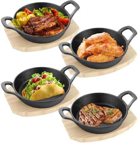 Oungy 4 Sets Mini Cast Iron Skillet with Wooden Base Small Cast Iron Plates Skillet Round Fajita Plate Hot Steak Pot Dish for Kitchen Restaurant Barbecue(6.3 Inches)