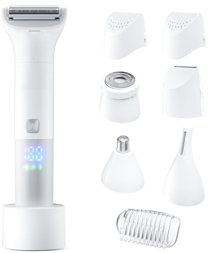 Lady Shavers for Women, Bikini Trimmer Women 5-in-1 Wet and Dry with LED Power Display, Dry and Wet IPX7, 120min Use, for Bikini, Underarms, Legs, Nose, Eyebrow, USB Charging Station