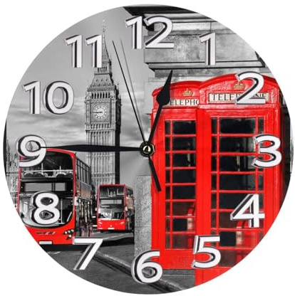 SMSJTMWHN England UK London Telephone Clock Number Round Wall Clock Silent Non-Ticking Design, Environmentally Friendly & Customizable for Kitchen, Office, Classroom 10 Inch