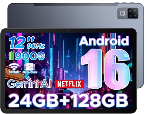DOOGEE U12 Tablet 12 Pollici, Tablets Android 16, 90Hz 2000*1200 24GB RAM+128GB ROM/TF 2TB, Octa-Core PC, 5G WiFi/9000mAh/Gemini AI/Widevine L1/13MP+8MP/OTG/BT5/FACE ID/Doppi altoparlanti/3.5mm Jack