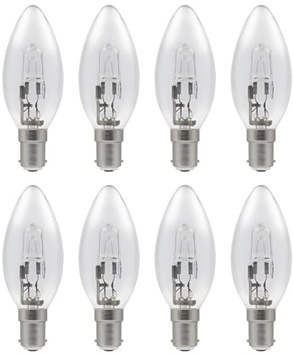 8 Pack 28W =(35W) Eco Classic Small Bayonet Cap B15d SBC, Traditional Candle Bulbs, Dimmable, 370 Lumen, 2700K Warm White, AC 230V, Clear, for Chandeliers, Lamps, Wall Lights, Pendants