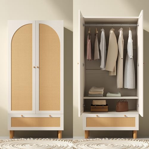 Gelukueub Armadio guardaroba con 2 ante e rattan, stile rustico, bianco con grande cassetto, ripiani regolabili in altezza e asta appendiabiti, con protezione antiribaltamento, 180 x 85 x 52 cm