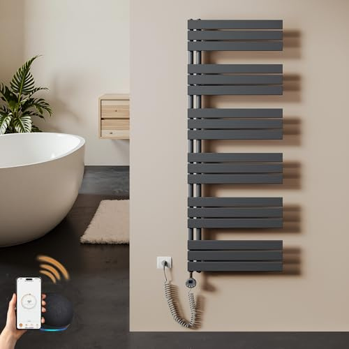 S'AFIELINA scaldasalviette Elettrico Bagno 1599×600mm Antracite, 1000 W termoarredo Elettrico Bagno con WiFi e termostato, Timer 7×24 h, Protezione antigelo, LCD, Tubi Piatti Design scaldasalviette