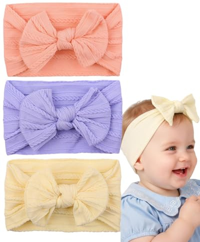 HUVZOR 3pcs diademas de turbante para bebé, diademas de nailon para niña, diadema con lazo para bebé, diadema con lazo suave, bandas elásticas para el pelo para bebé recién nacido