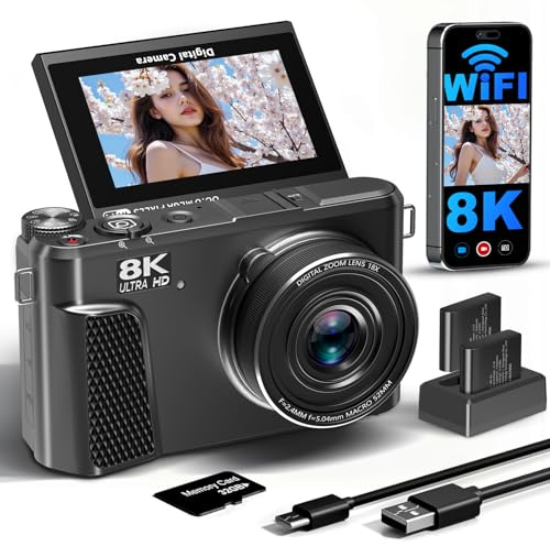8K Digital Camera for Photography,88MP HD WiFi Vlogging Camera for YouTube with 3 180° Flip Screen,Autofocus,Compact Camera with 18X Digital Zoom,Flash,32GB TF Card & 2 Batteries(Gunmetal)