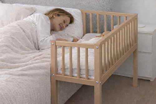 Beistellbett Baby 80x40 cm Charlie – Massives Buchenholz – inkl. Matratze & Befestigungsgurt – Absenkbare Seite – Babybett Natur