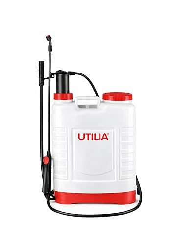 UTILIA Pompa a Pressione a Zaino 16L - Irroratore Manuale 3-4 Bar con 4 Ugelli, Spruzzatore per Giardino, Orto, Disinfestazione, Trattamenti Antiparassitari e Pulizia (16 Lt)