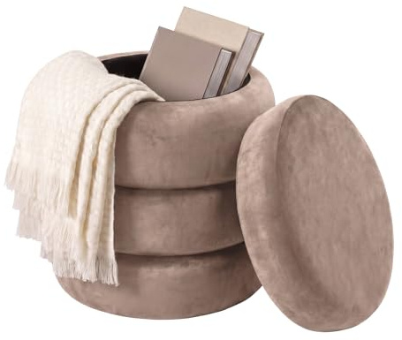 Riess Ambiente Runder Polsterhocker Vogue - H:42cm - Champagner Greige - Hocker mit Stauraum und Samtbezug