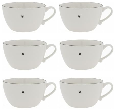 Bastion Collections Set di 6 tazze da zuppa piccola cuore con cuore nero, diametro 13 cm
