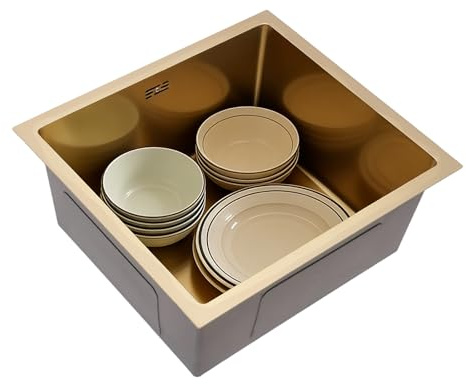 Yikmid Évier en acier inoxydable doré 50 x 45 x 20 cm, évier encastrable avec design d'angle R et protection anti-trop-plein, épaisseur du matériau de 3 mm, revêtement nano, pour îlot de cuisine, plan