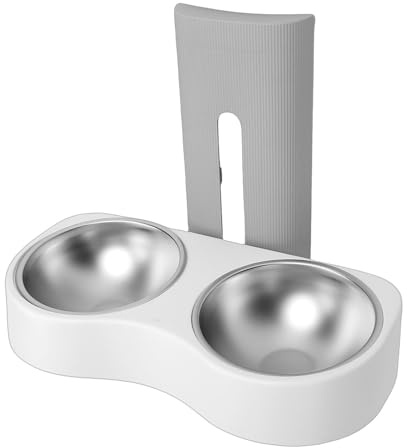 FILFEEL Wall Mounted Pet Feeding Bowl – Stainless Steel Height Dual Bowl Station for Dogs and Cats, Tip Wall-Mounted Food & Dish, Easy- Elevated Feeding Solution, 12.7 X 12. X 6. Inch (Gray White)