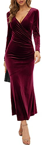 Zaberry - Robe de soirée élégante à manches longues avec col en V et en velours pour femmes, style sirène, longue robe de cocktail pour soirée et fête, bordeaux, M