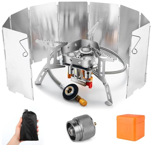 Odoland 6800W Windproof Camp Stove Camping Gas Stove with Windscreen, Fuel Canister Adapter, Piezo Ignition, Carry Case, Portable Collapsible Stove Burner for Outdoor Backpacking Hiking and Picnic