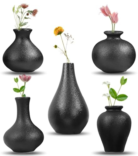 QUTHZZHY Keramik Vase Schwarz, Keramik Vasen Set-5, Kleine Vase Schwarz, Blumenvasen für Moderne Wohnkultur, für DIY, Wohnzimmer, Regaldekor, Esstisch Bücherregal Kaminsims Eingang