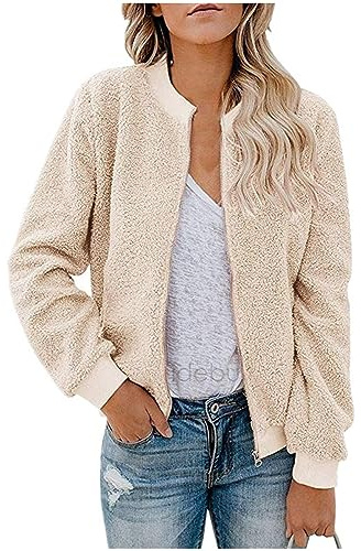 Azruma College Jacke Damen Longpullover Für Damen Jäckchen Für Abendkleid Frauen Warm Einfarbig Teddy-Fleece Zipper Stehkragen Langarm Kurz Fliegerjacke Mit Tasche Steppmantel (Beige, M)