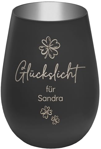 Graviertes Windlicht Glückslicht - personalisierbar mit Wunschtext - Schwarz/Silber - Höhe 12 cm - Geschenk Teelichthalter Kerzenglas