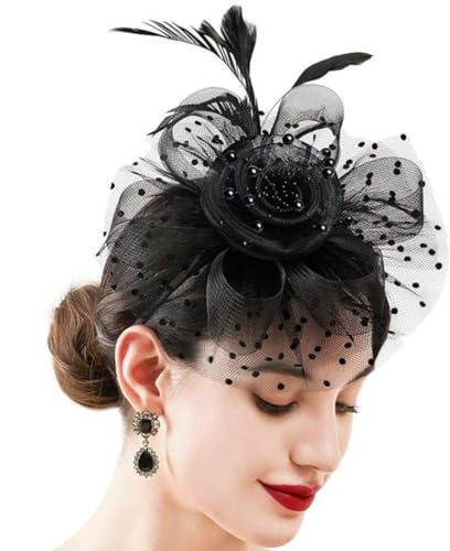 Jovono Anni '20Fasce per Capelli con Piume di Fiori Velo di Pizzo Fascinator Cappello da Sposa Cocktail Tea Party Copricapo per Le Donne (Nero)