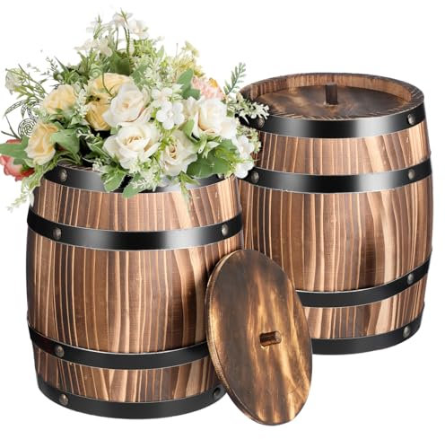 GlikCeil 2 Pcs Wood Wine Barrel Vase Vintage Flower Vase Container Rustic Barrel Planter for Wedding Reception Table Decoration Home Indoor Outdoor Garden Kitchen Party (8 x 6.5 Inch)