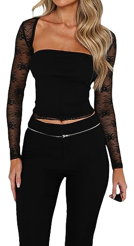 Women Sexy Lace Sheer Shirt 2 Piece Long Sleeve Shrug Tops and Bandeau Set Lace Tube Top Y2K Clothes (Black, S)