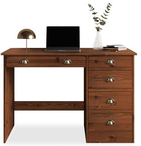 IDIMEX Schreibtisch Lana mit 5 Schubladen, Kastanie Farben - Bürotisch aus Massivholz im Landhausstil, klassisches Design, Bürotisch mit Muschelgriffen